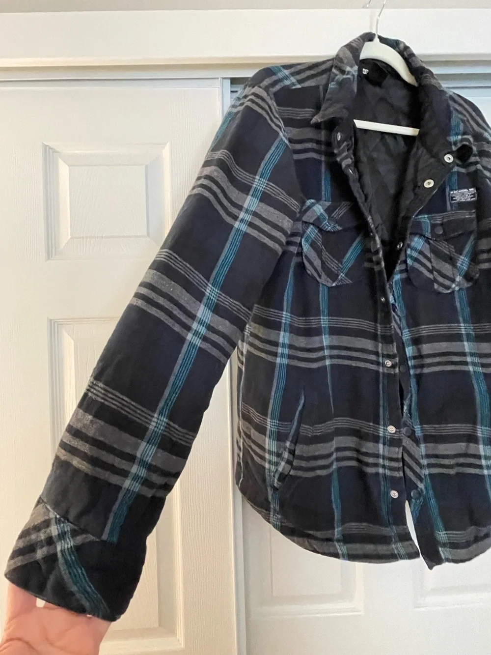 DC Shoes Quilted-Lined Plaid Button-Front Jacket / Shacket in Black and Teal